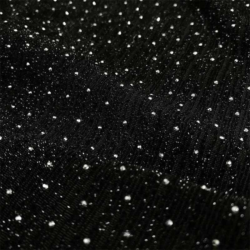 قماش مرن أسود لامع مع خيوط ذهبية فضية ومرصع بالألماس لفستان طويل ومناسب للمسرح وحفلات المساء، اصنعها بنفسك