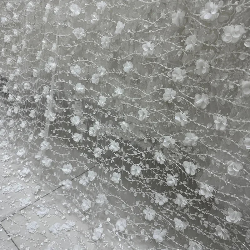 Lace Embroidery Branches 3D Velvet Flowers Lace Nail Beads Sequins Fabric - Wedding Dress Material 127cm