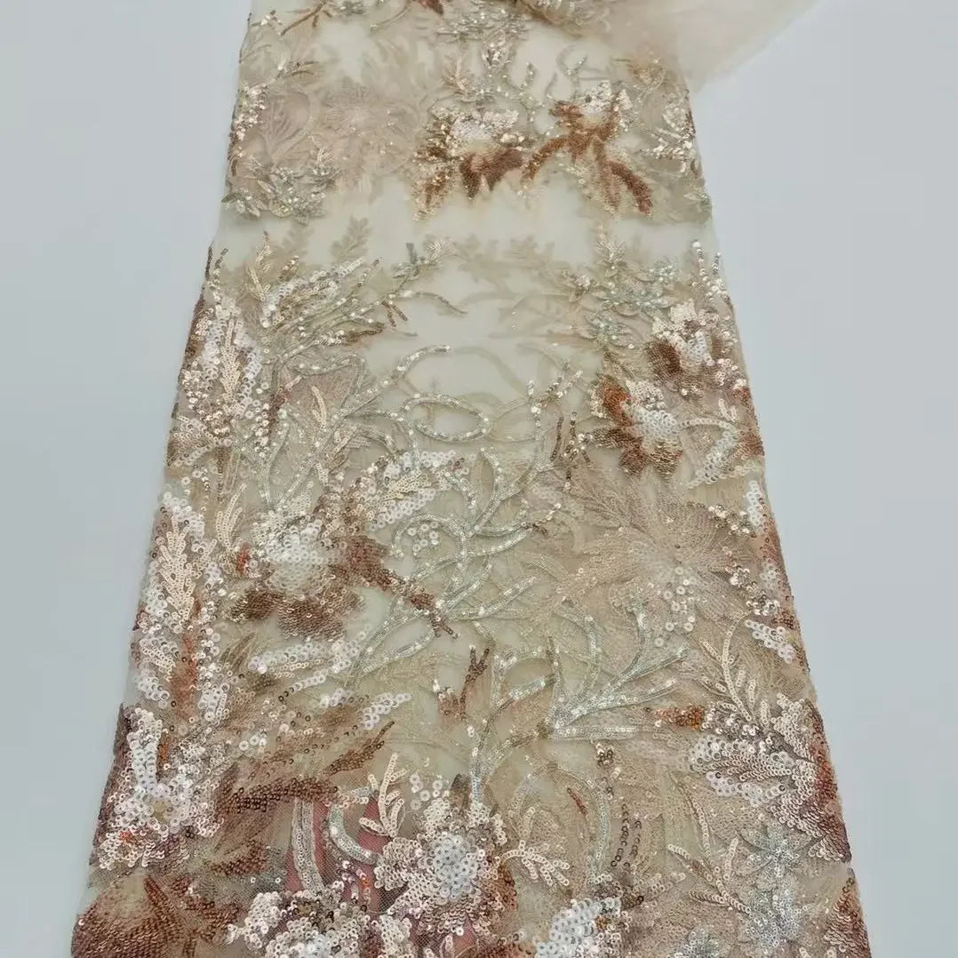 Large Flower Sequin Embroidered Lace - Scalloped Edge Wedding Fabric