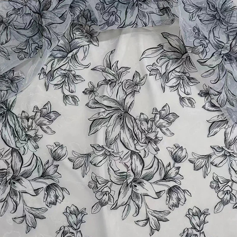 White Lily Embroidered Chiffon Lace Fabric - Elegant Material 130cm