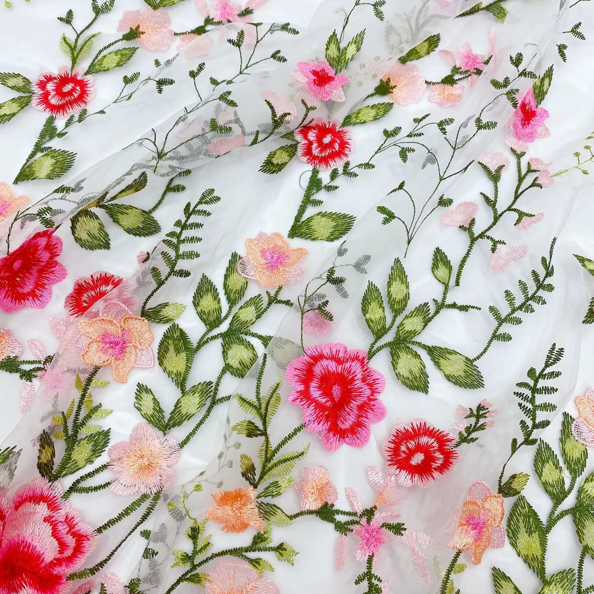 Tela bordada de malla rosa, tela bordada de peonía multicolor, tela bordada para coser vestidos de noche, tela bordada DIY, personalización