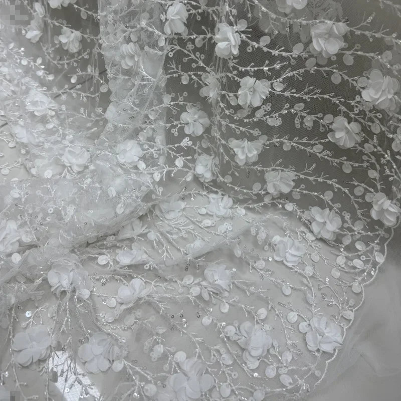 Lace Embroidery Branches Three-dimensional Velvet Flowers Lace Nail Beads Sequins Fabric Sewing Wedding Dresses Andevening Gowns