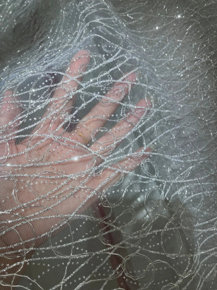 قماش شبكي شفاف بنمط غير منتظم من خيوط فضية لرش فلاش ناعم، فستان زفاف، قماش شبكي