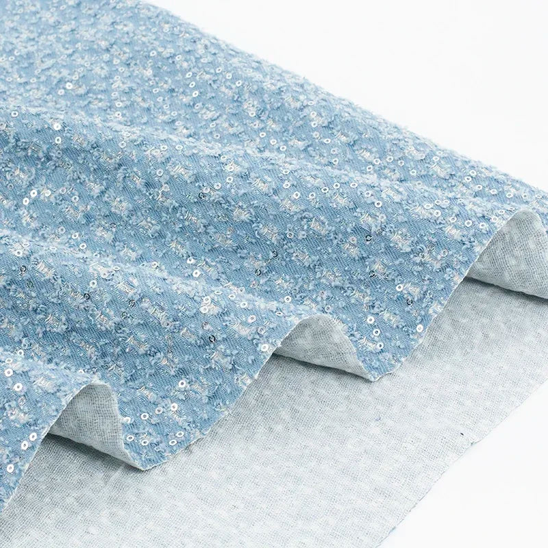 Sequined Embroidered Washed Denim Fabric - Thick Material 137cm