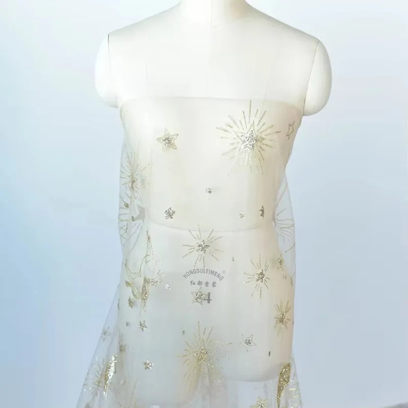 Golden Seahorse Moon Embroidery Mesh Fabric - Hot Fix Powder Material 130cm