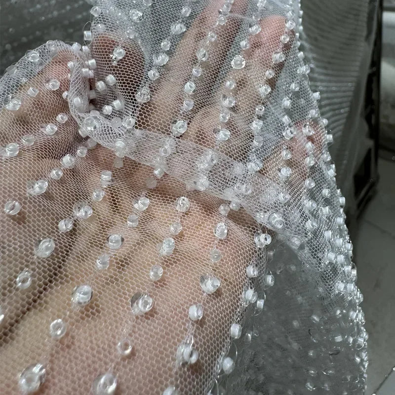 New Vertical Bead Sequin Embroidery Lace Fabric - Wedding Dress Material 100cm