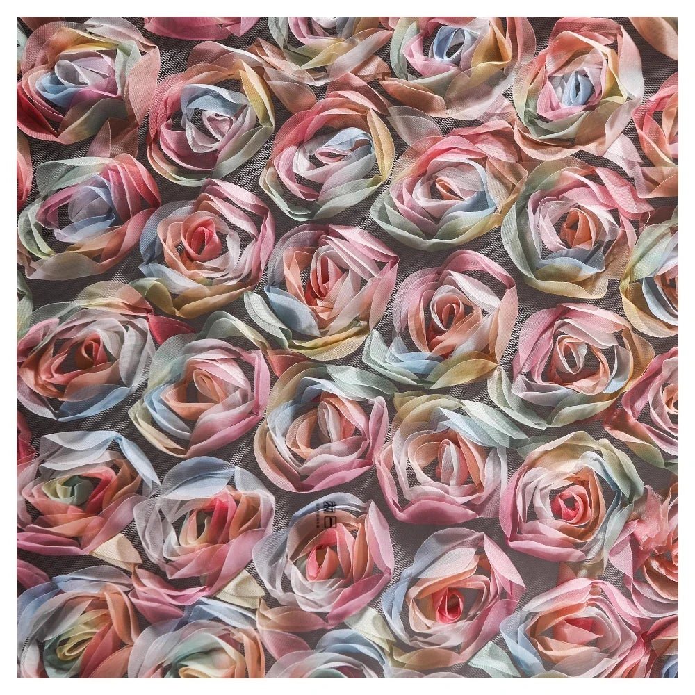 Tela de encaje de malla rosa con flores rosas 3D, semitransparente, bordada para confección creativa, para bodas, moda y manualidades.