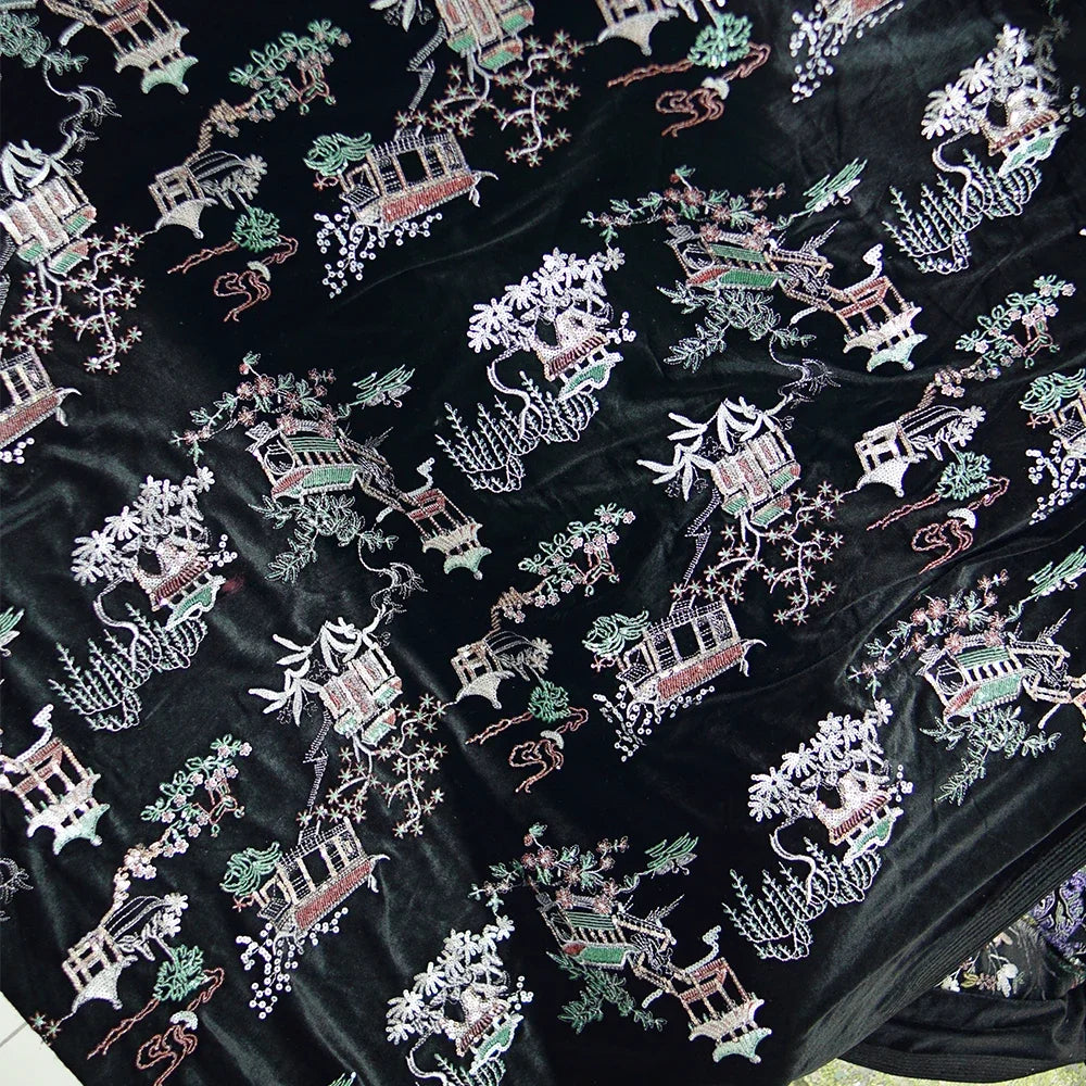 قماش شبكي مطرز بالترتر الأسود من أزهار الكرمة لفساتين شيونغسام الرسمية، مصنوع من مادة الدانتيل الملونة الأنيقة