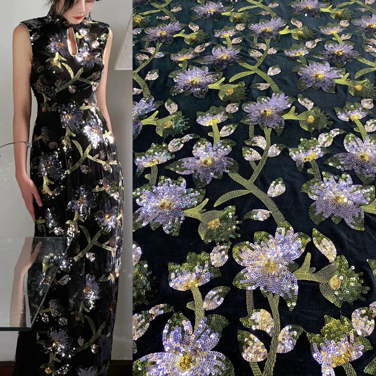 Black velvet sequin flower embroidery fabric dress evening dress performance costume coat fashion design fabric Shiny fabric