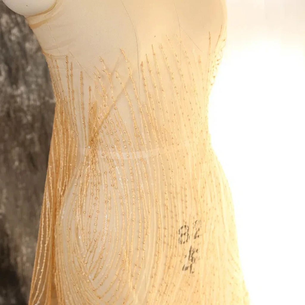 Tela de sarga con bordado aleatorio de encaje y lentejuelas para vestido de novia, hecha a mano, tela decorativa DIY, diseño de graduación, decoración