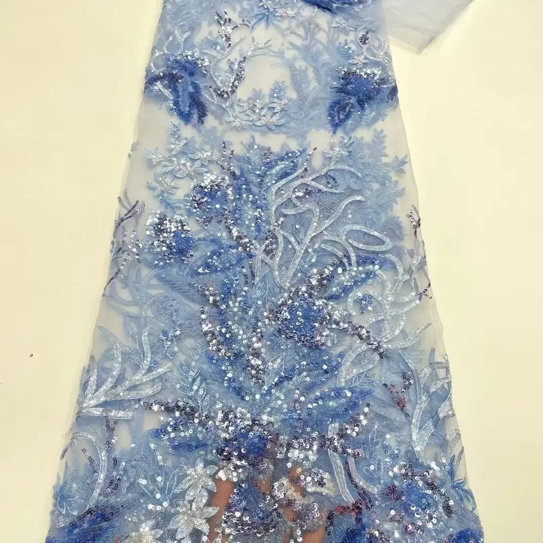 Large Flower Sequin Embroidered Lace - Scalloped Edge Wedding Fabric