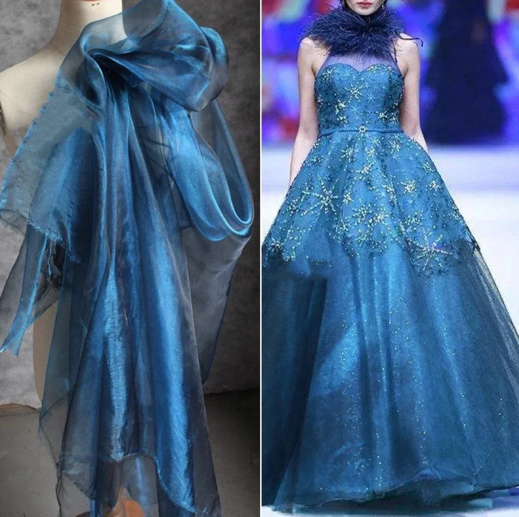 Tela transparente de organza azul Kong de alta gama para coser vestidos de novia, faldas esponjosas, diseñadores de moda y telas decorativas.