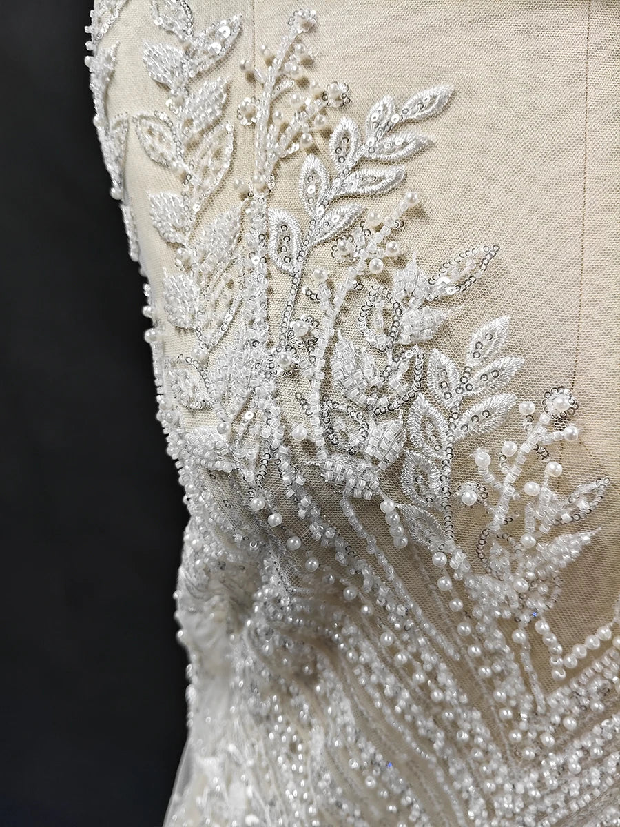 قماش دانتيل مطرز بالخرز والترتر الشبكي الفاخر، فساتين زفاف، فساتين سهرة، إكسسوارات مصممة