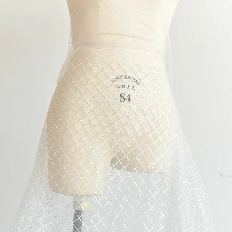 White Size Grid Glitter Embroidery Lace Fabric for Wedding Dress DIY Handmade Material