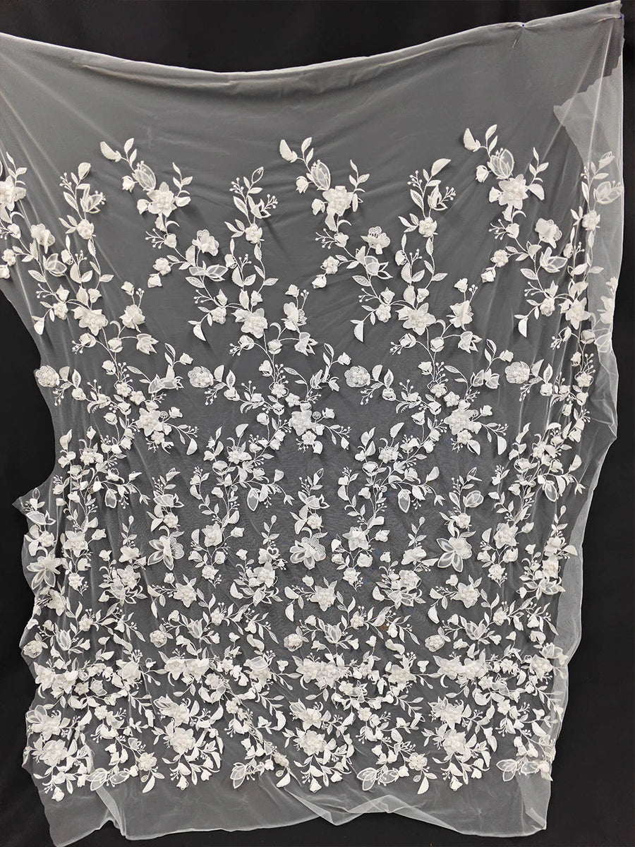 Tela de malla suave para vestido de boda, con bordado tridimensional de flores y cuentas de uñas en blanco crudo