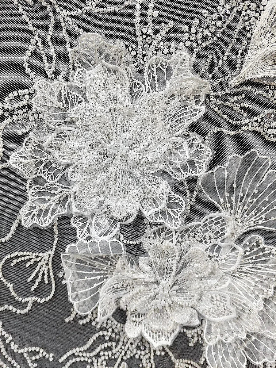 Bordado de cuentas de encaje con hilo floral 3D, color blanco crudo, hecho a mano, para vestido de novia, vestido de noche, tocado, accesorio, material