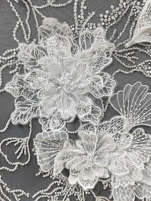 3D Floral Bead Embroidered Lace - Elegant for Wedding Dress & Headpiece