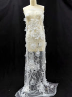 Bordado de cuentas de encaje con hilo floral 3D, color blanco crudo, hecho a mano, para vestido de novia, vestido de noche, tocado, accesorio, material