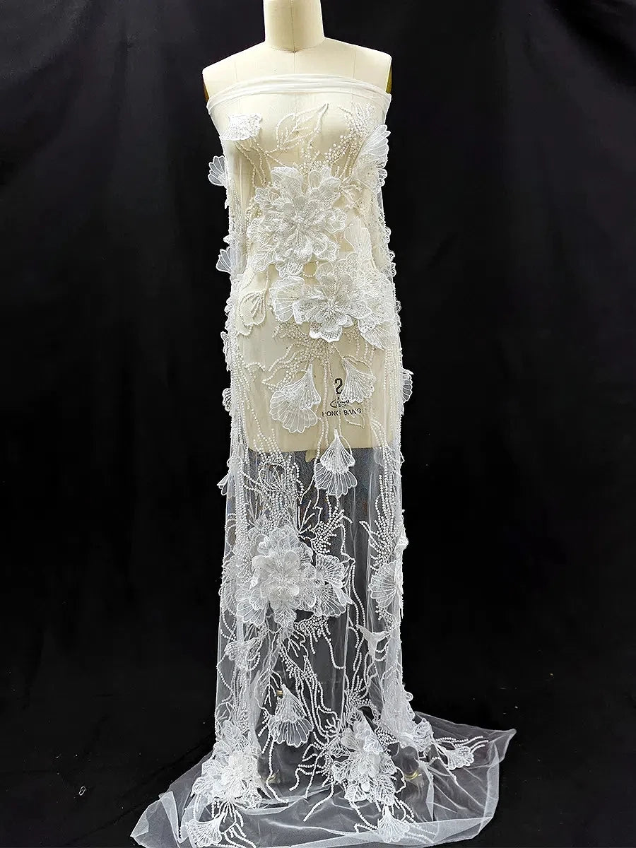 Bordado de cuentas de encaje con hilo floral 3D, color blanco crudo, hecho a mano, para vestido de novia, vestido de noche, tocado, accesorio, material