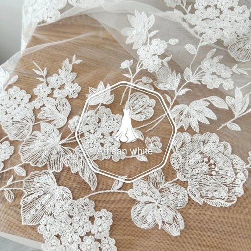 Beige Sequin Cotton Thread Embroidered Lace - Wedding Veil & Dress - fabric photo 1