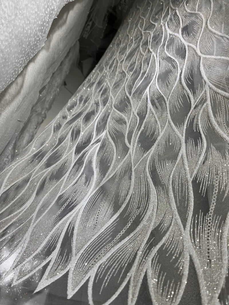Tela de encaje de malla brillante de lujo con tul bordado de ondas plateadas brillantes para vestido de noche, material de costura DIY