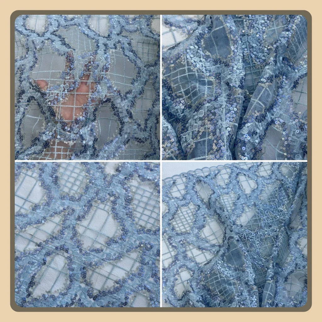 Blue Sequin Abstract Embroidered Net Lace Fabric Three Dimensional Sheer Material For Dress Set DIY Handmade Garment Craft
