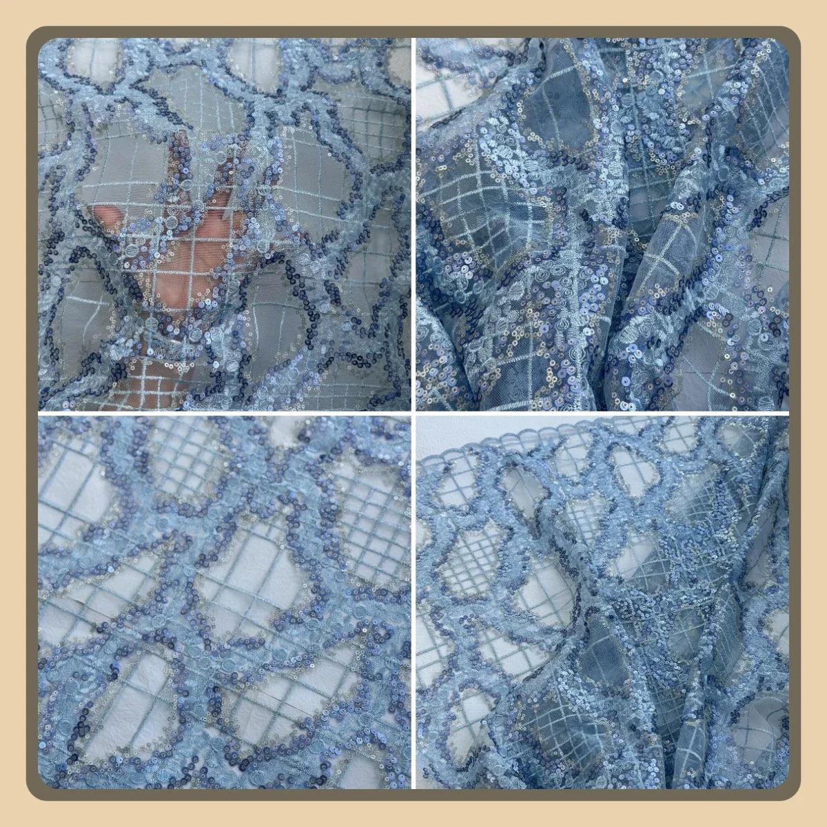 Blue Sequin Abstract Embroidered Net Lace Fabric Three Dimensional Sheer Material For Dress Set DIY Handmade Garment Craft