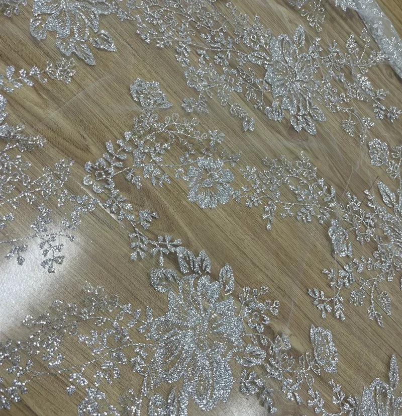 New shiny big flower hot silver powder glitter fabric for wedding dresses, lace transparent mesh accessories, yarn fabric