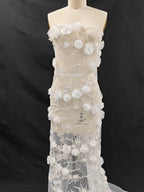 Nueva tela blanca tridimensional con bordado de cuentas para boda, tela de diseño de encaje para vestido de novia cosida