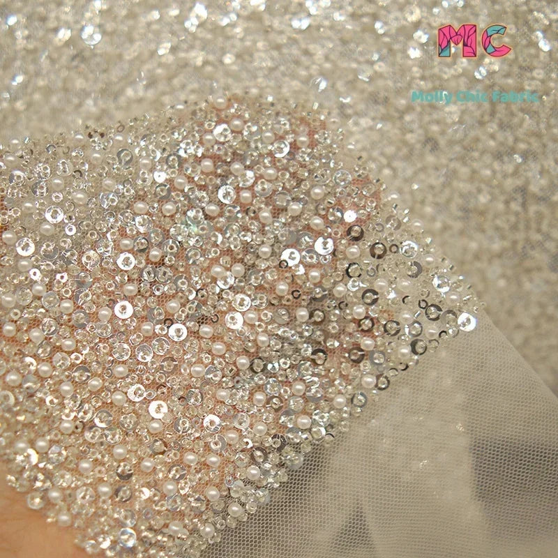 High-End Bead Embroidery Sequins Crystal Mesh Fabric - Luxury Material 130cm