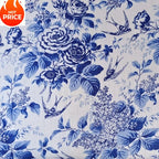 قميص بأكمام قصيرة من قماش قطني مطبوع عليه زهور الفاوانيا، أزرق وأبيض، بنمط غسيل حبر، مناسب للأمتعة والحقائب