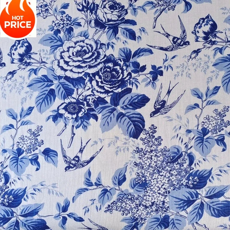 قميص بأكمام قصيرة من قماش قطني مطبوع عليه زهور الفاوانيا، أزرق وأبيض، بنمط غسيل حبر، مناسب للأمتعة والحقائب