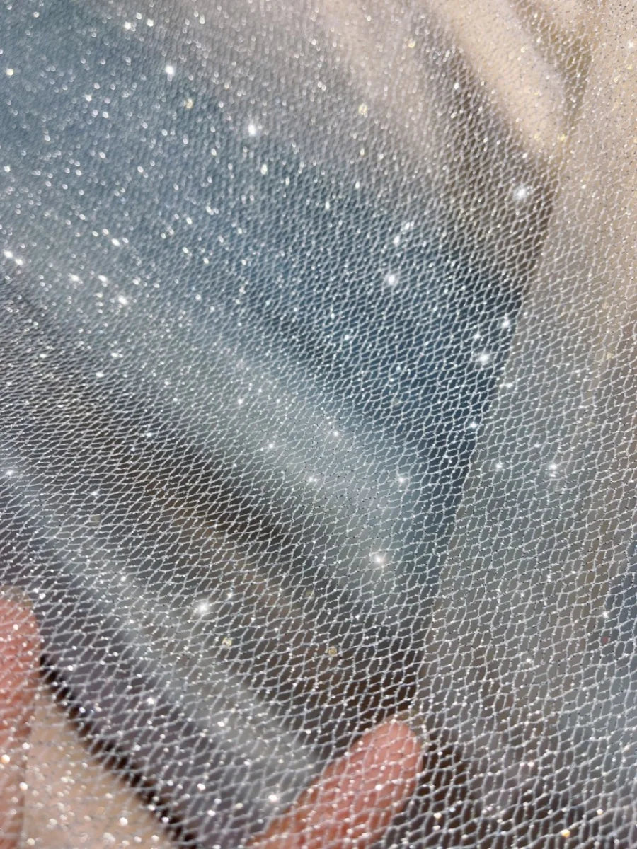 Tela de malla fina con destellos en aerosol plateado brillante para vestido de novia, tela para decoración de fondo DIY