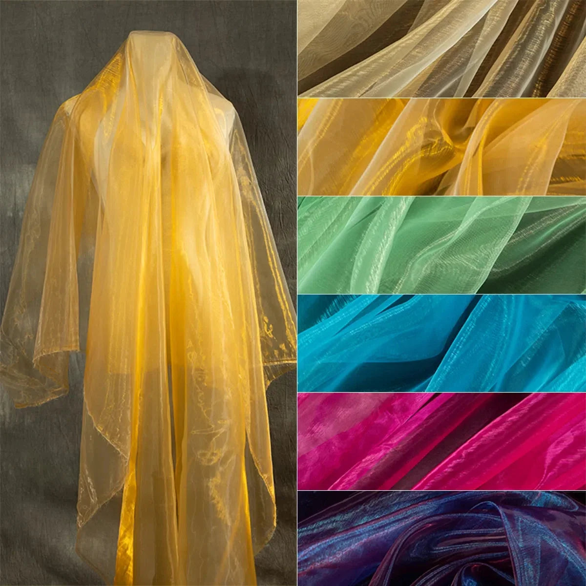 Iridescent Gradient Organza Mesh Fabric - Fairy Gold Sheer Material 150cm