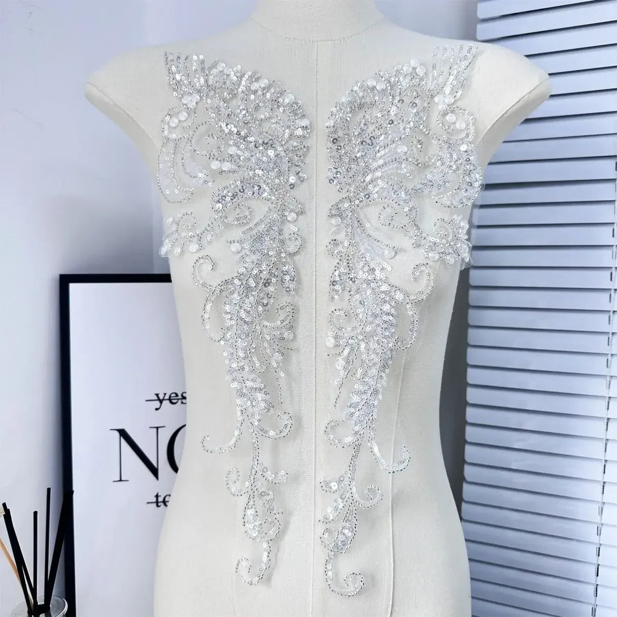 White Lace Applique Beaded Fabric - Wedding Dress Evening Gown Handcraft Accessories