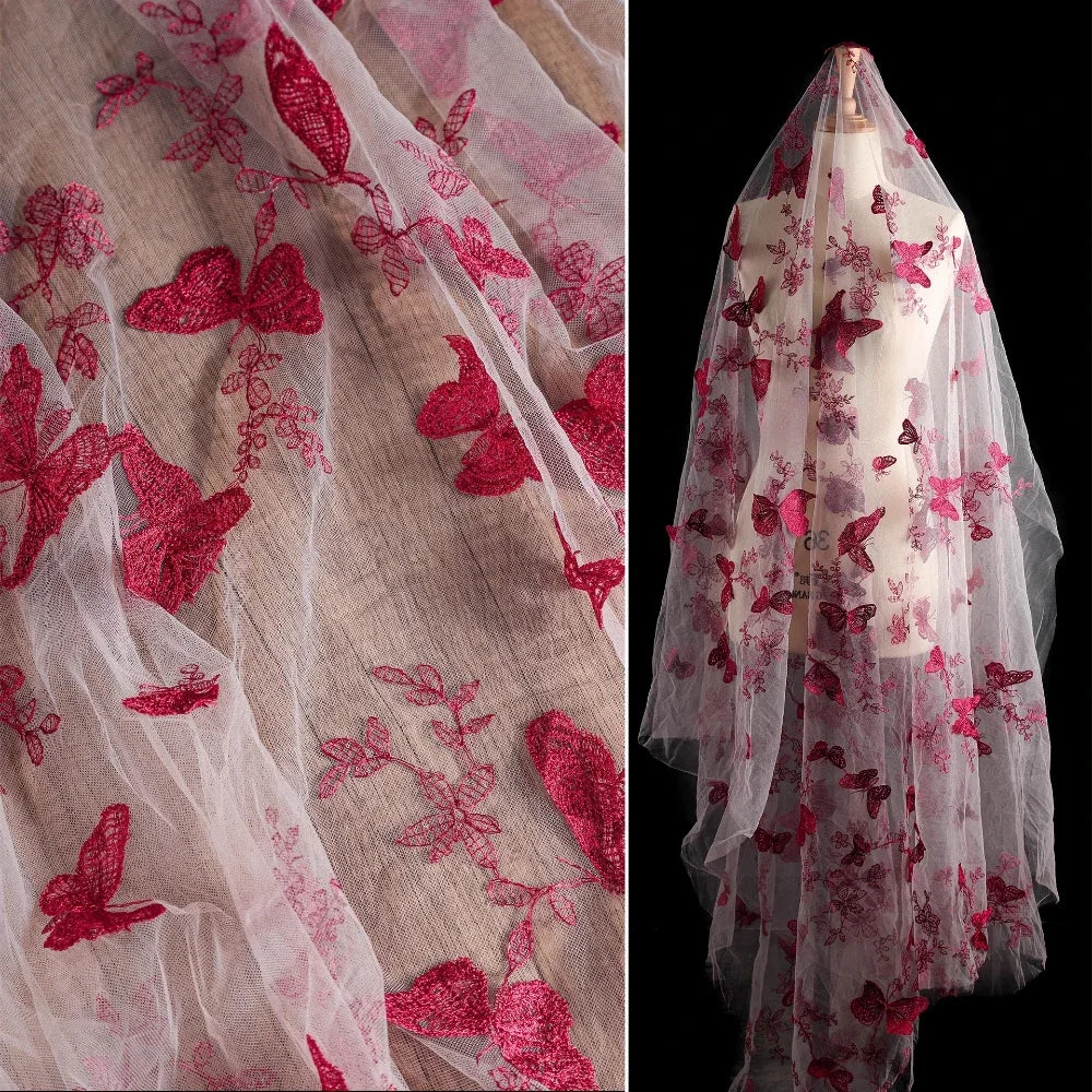 قماش شبكي مطرز يدويًا على شكل فراشة من الدانتيل الزهري ثلاثي الأبعاد لفساتين الزفاف، مادة حرفية للخياطة الإبداعية