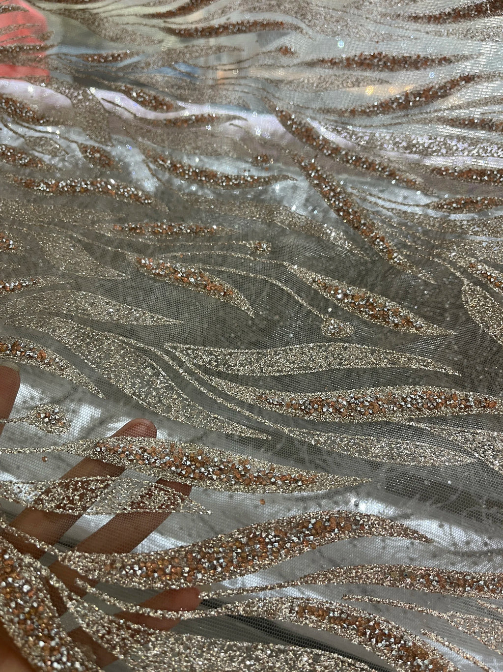 Champagne Colored Hot Pressed Gold Shiny Leaf Shaped Wedding Dress Fabric With Rhinestone Light Coffee Lace Mesh