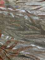 Champagne Colored Hot Pressed Gold Shiny Leaf Shaped Wedding Dress Fabric With Rhinestone Light Coffee Lace Mesh