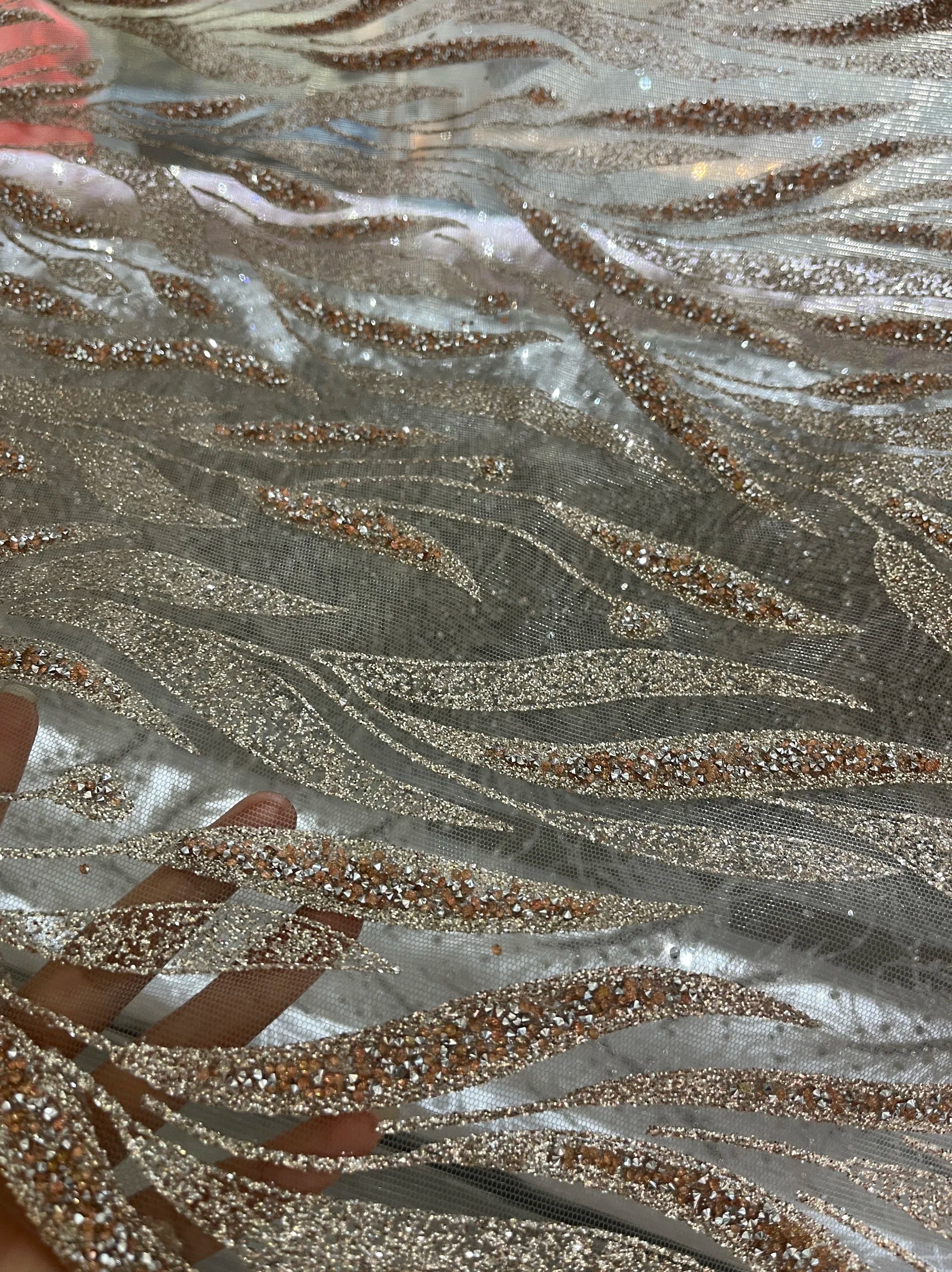 Champagne Colored Hot Pressed Gold Shiny Leaf Shaped Wedding Dress Fabric With Rhinestone Light Coffee Lace Mesh