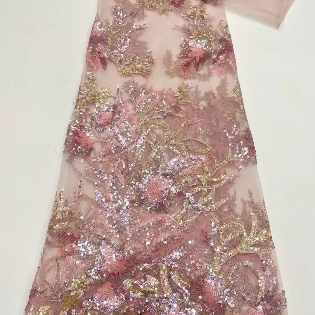 Large Flower Sequin Embroidered Lace - Scalloped Edge Wedding Fabric