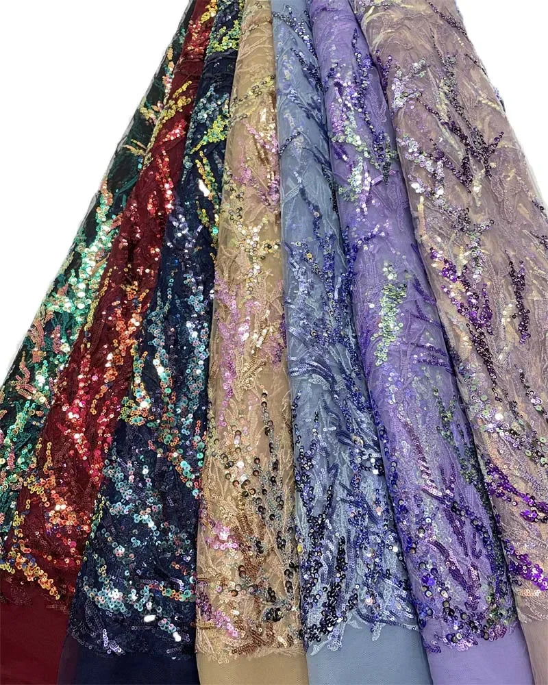Exquisite colorful sequined net-sheen embroidered lace fabric used for wedding gowns evening dresses mother's clothing  fabric