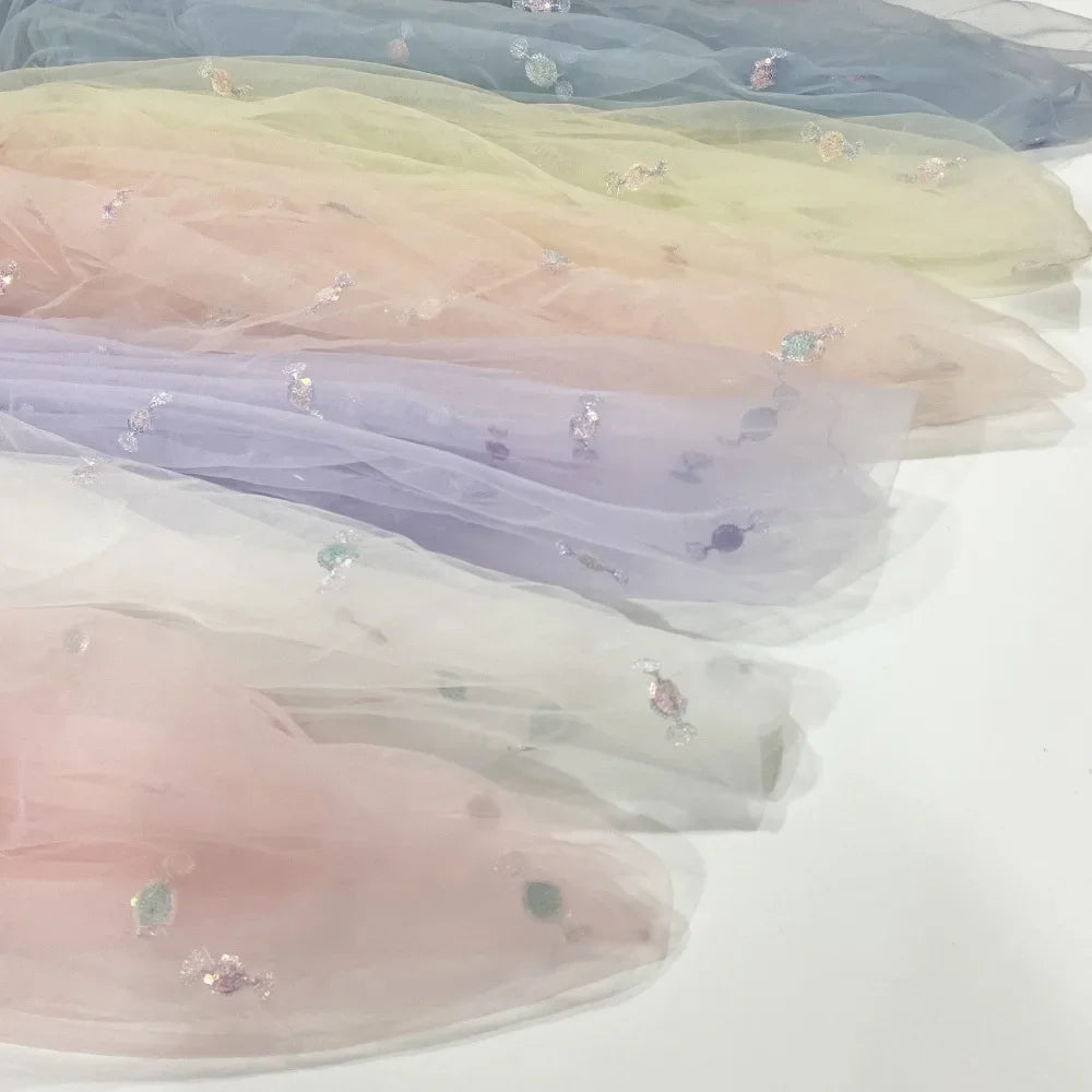 Tela ligera y suave con bordado de cuentas, ropa infantil con dulces frescos y coloridos, accesorios para el cabello, tela de malla de encaje para faldas.