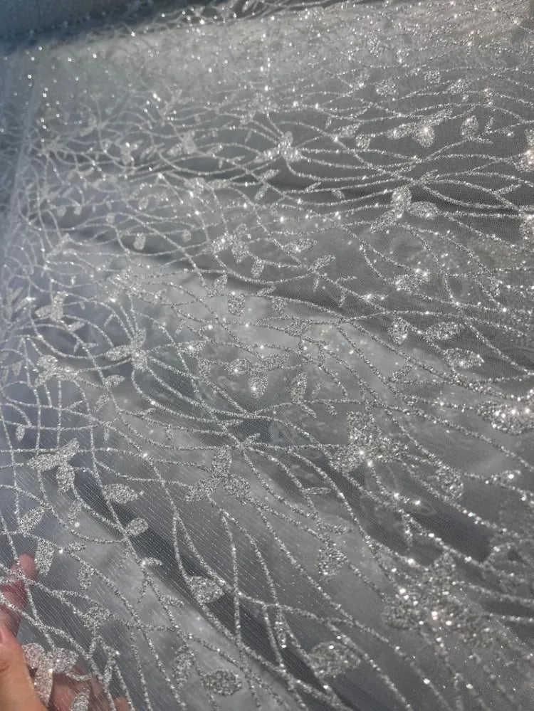 New Shiny Leaf Spray Silver Hot Stamping Transparent Mesh Wedding Dress Fabric Fabric Clothing Accessories