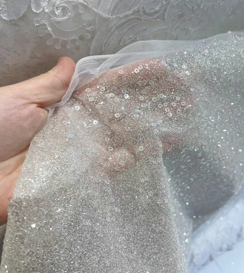 Secret White Glitter Shiny Hot Stamping Silver Spray Fabric Mesh Wedding Dress Fabric Handmade DIY Material