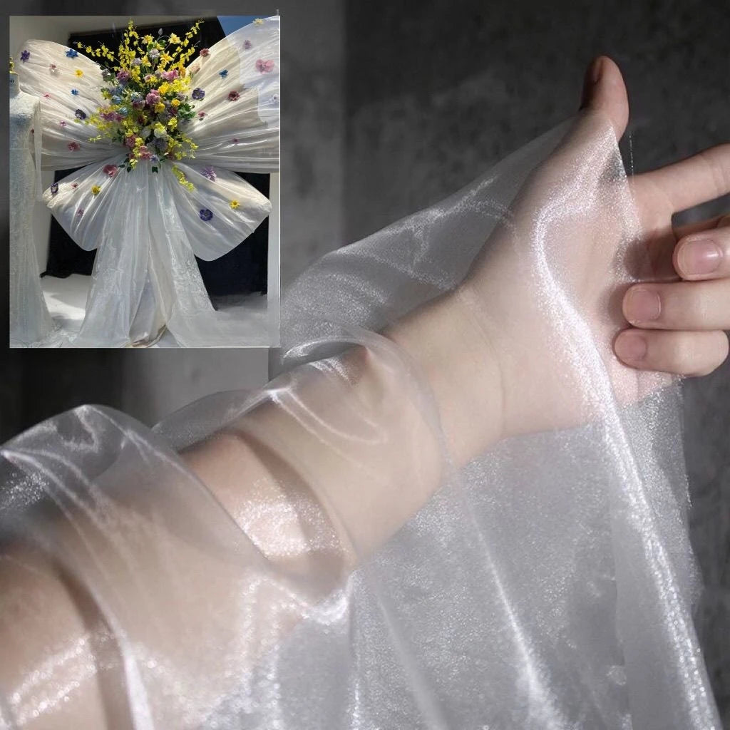 Transparent metallic organza fabric suitable for weddings formal gowns party decorations and bow decorations