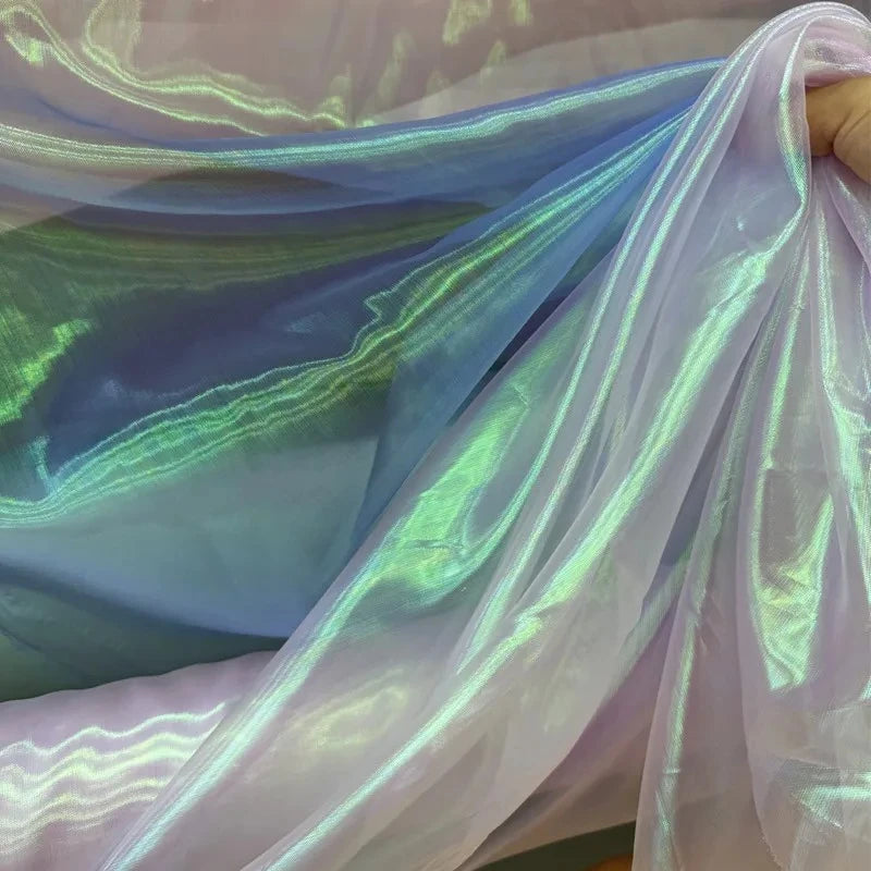 Tela de tul iridiscente con degradado de sirena única en rosa, azul y arcoíris, brillante y transparente, para decoración de vestidos de novia.