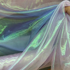 Tela de tul iridiscente con degradado de sirena única en rosa, azul y arcoíris, brillante y transparente, para decoración de vestidos de novia.