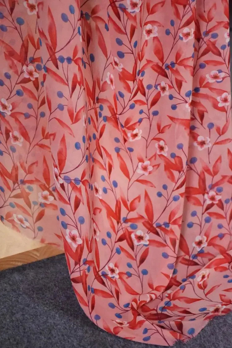 High-End Chiffon Fabric Deep Pink Blue Berry Floral Print For Girls Cheongsam Dress Thin Soft Material For Clothing