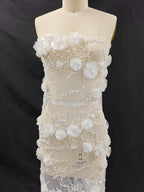 Nueva tela blanca tridimensional con bordado de cuentas para boda, tela de diseño de encaje para vestido de novia cosida