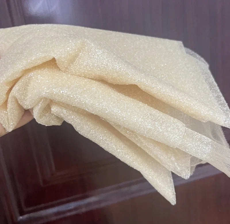 قماش شبكي لامع بطباعة رقائق الشمبانيا - خامة فستان الزفاف ١٦٠ سم